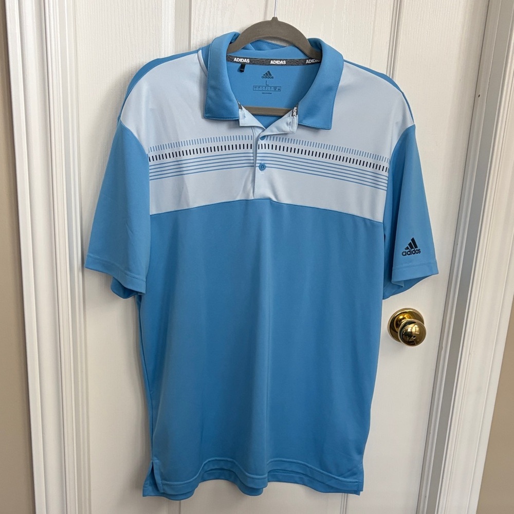 Adidas Men's Light Blue and White Polo Shirt